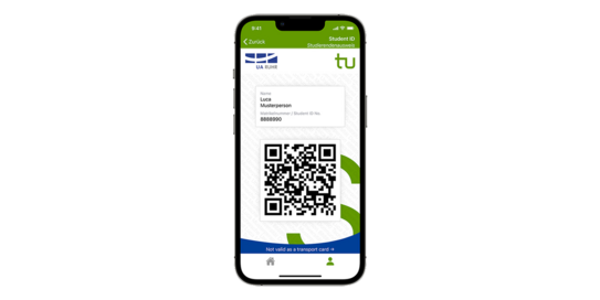 Student ID Ein Handy auf dem der Name Luca Musterperson, eine Matrikelnummer und ein QR-Code zu sehen ist.