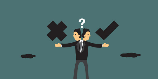 The illustration shows a person with two heads looking in different directions. On the right side is a hook, on the left an "X". A question mark hovers above the heads.